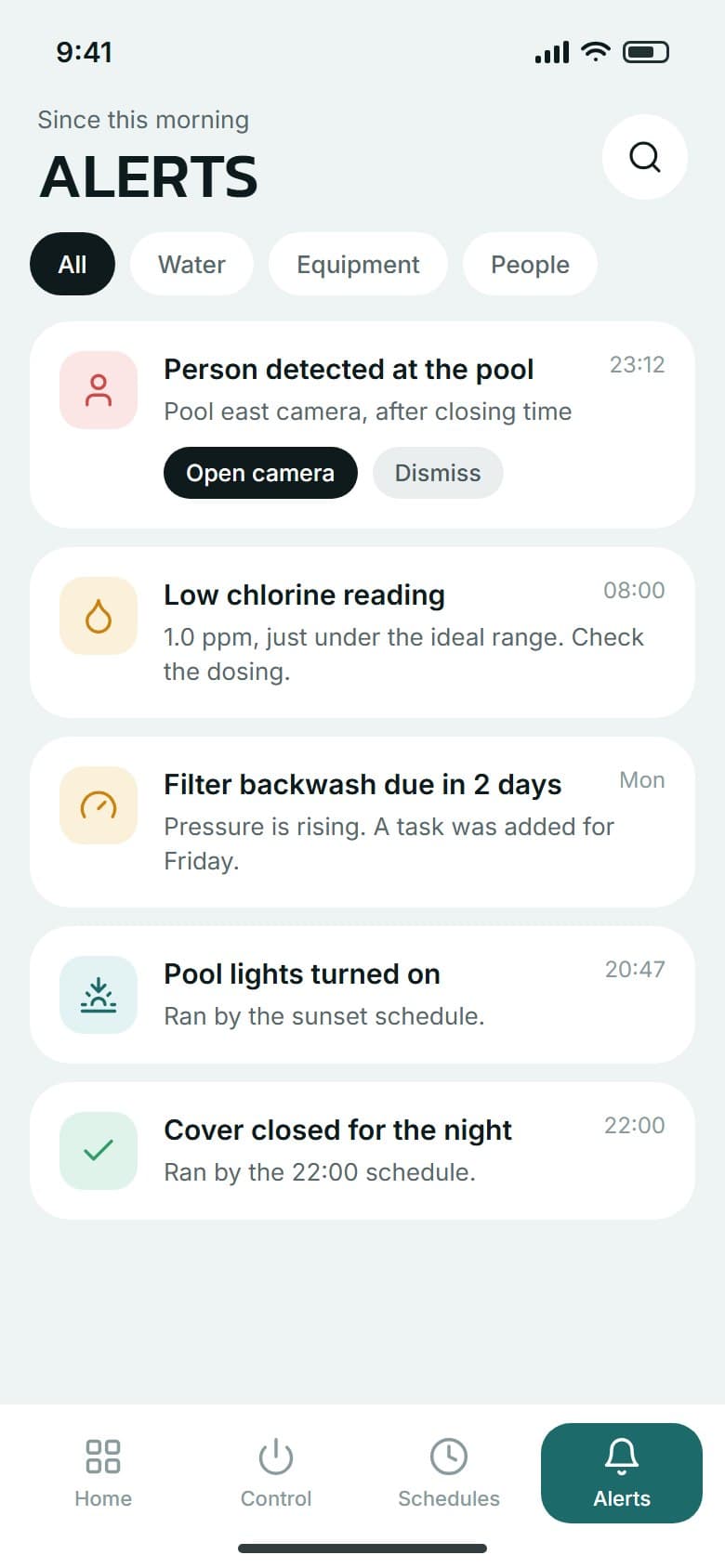 Phone alerts for a person at the pool, low chlorine and a filter backwash