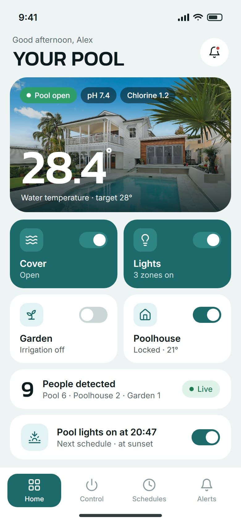 Phone home with quick controls for cover, lights, garden and poolhouse