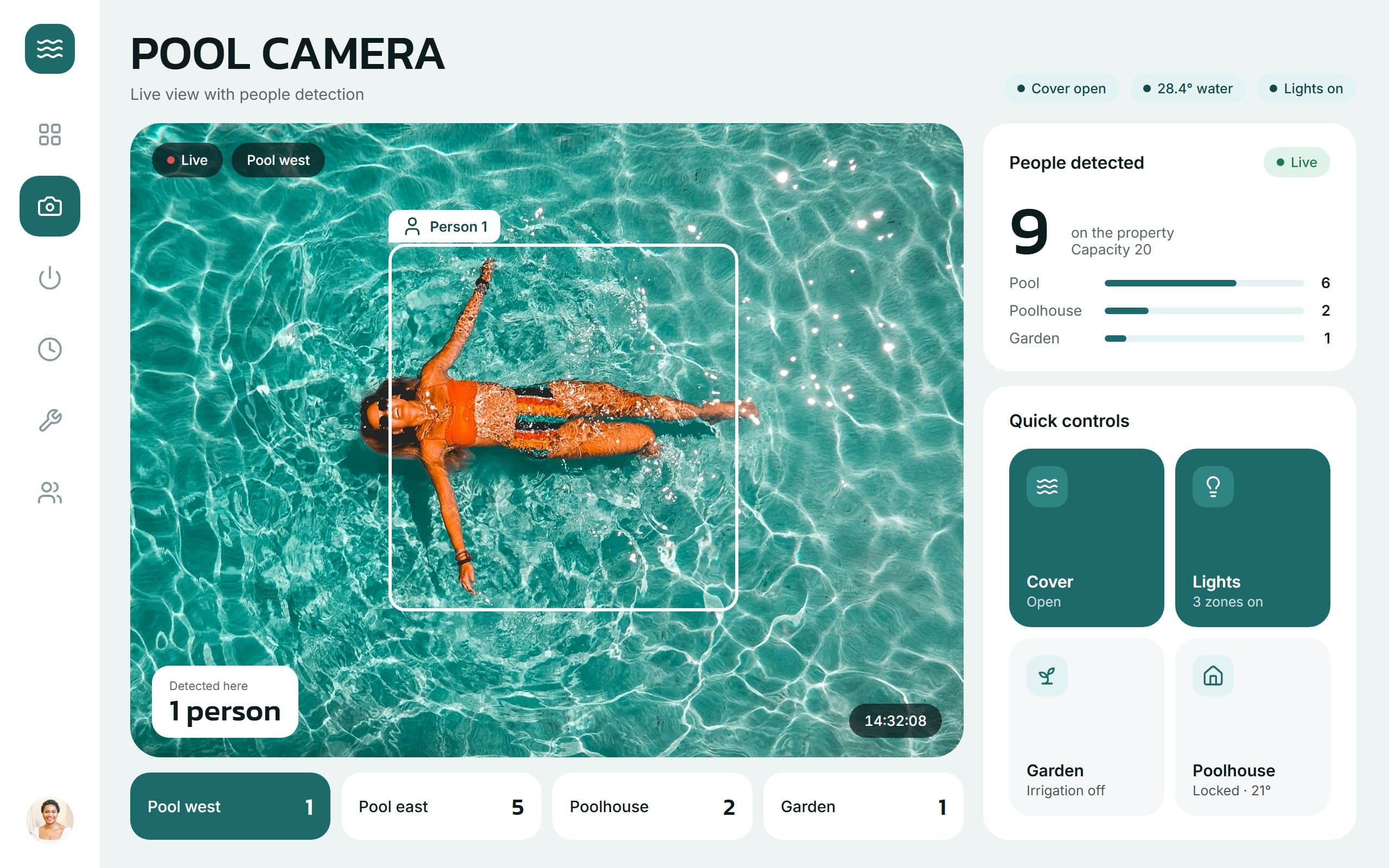 Tablet camera view with a detected person, camera tabs, people detected and quick controls