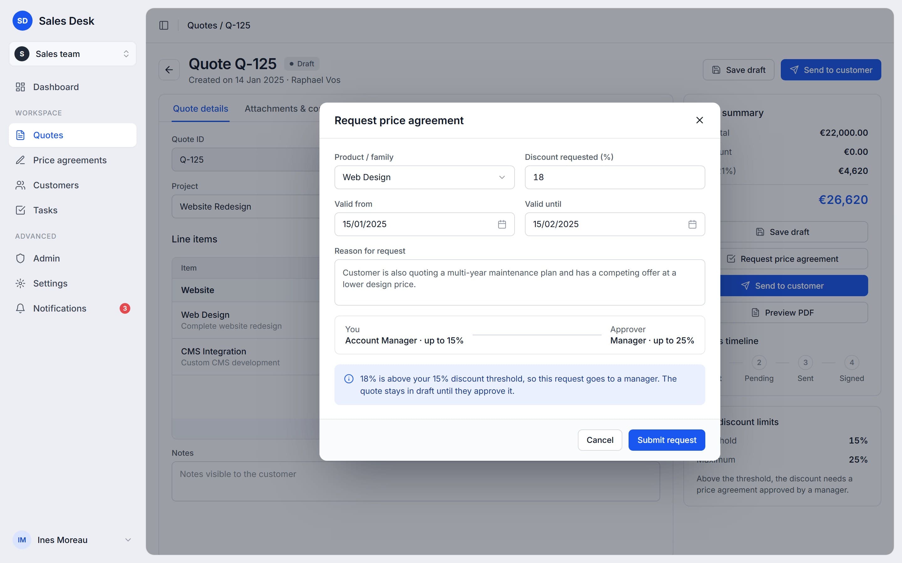 Price agreement request for an 18% discount routed to a manager