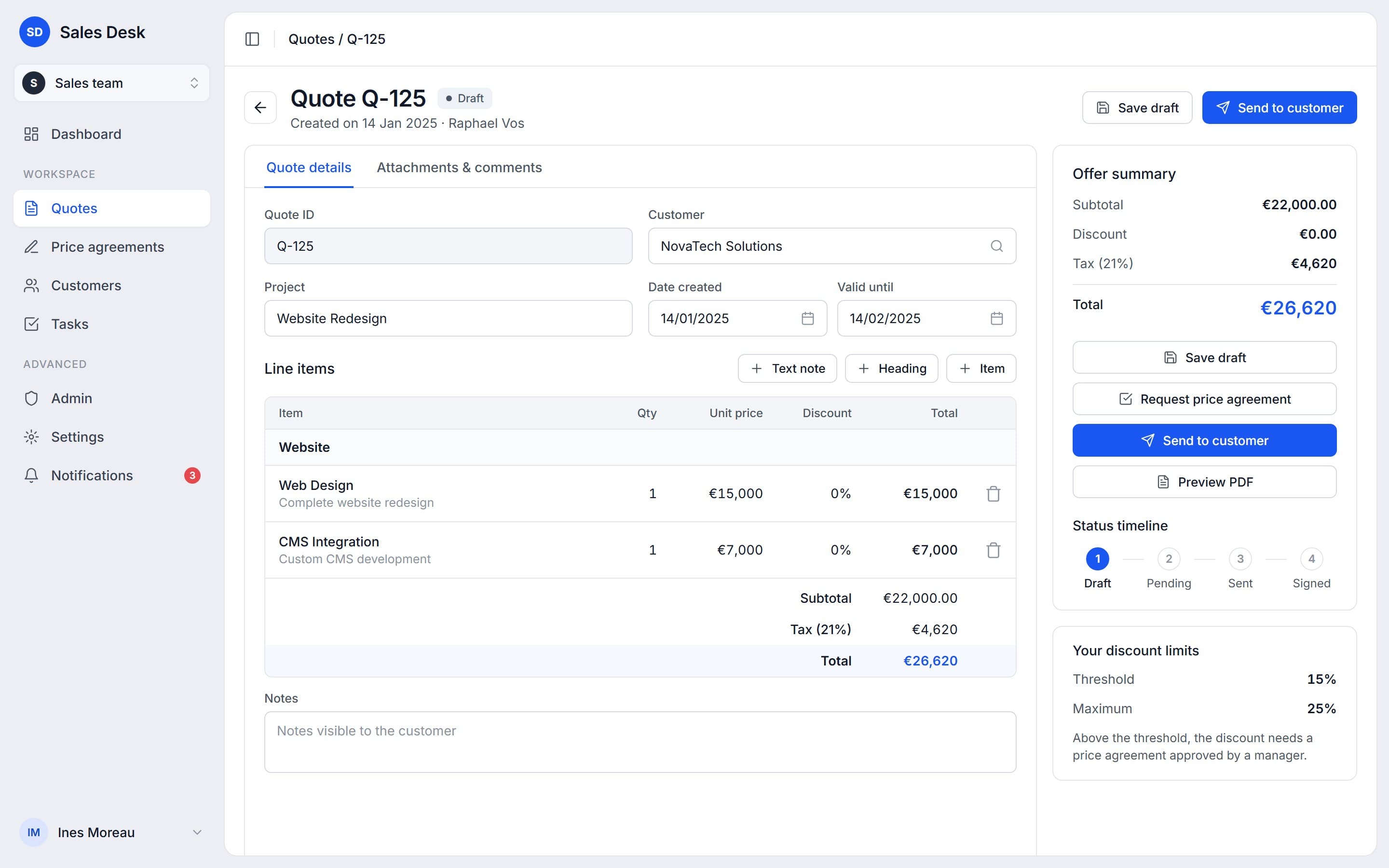 Quote editor with customer details, line items, totals and a status timeline