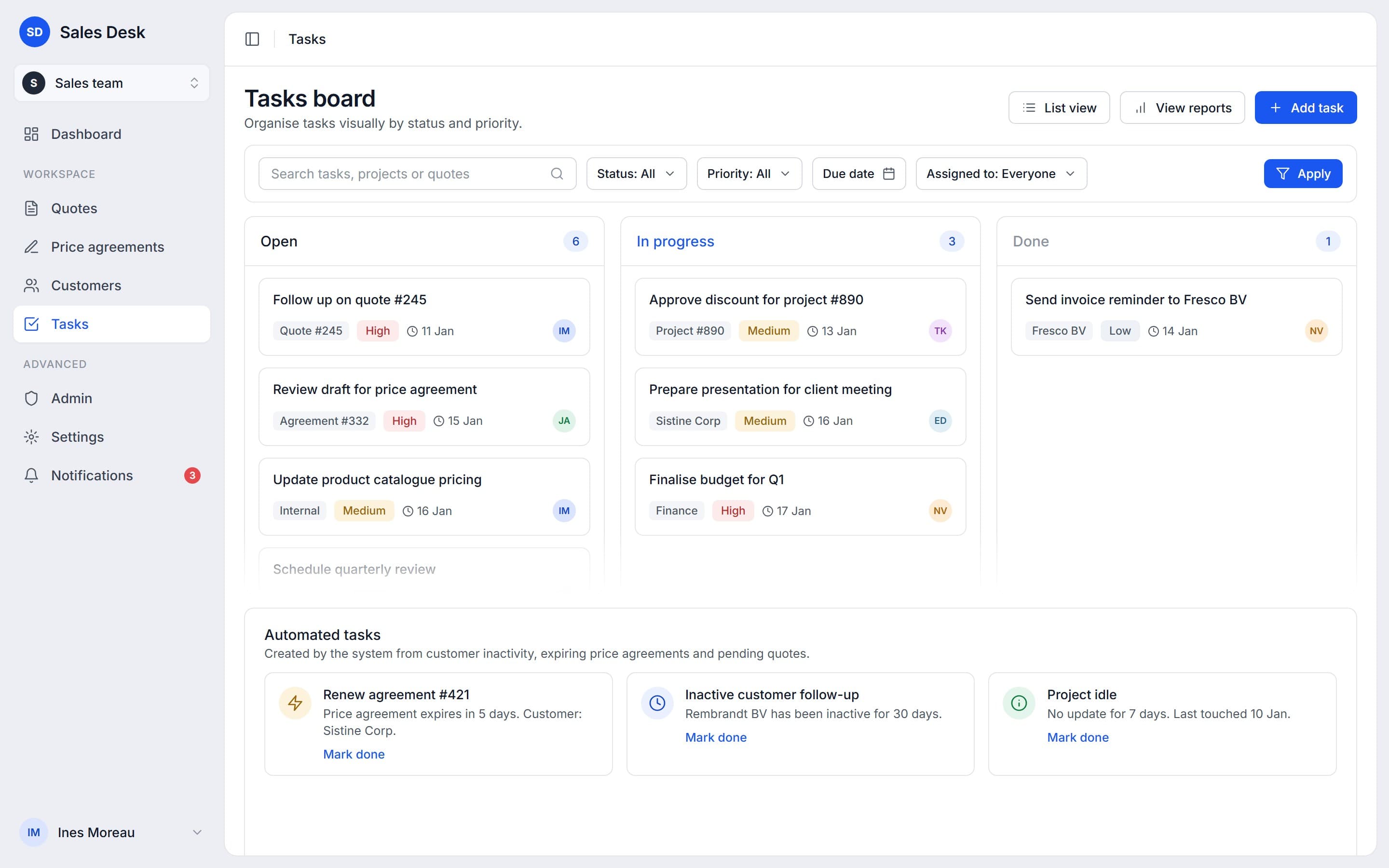 Tasks board with open, in progress and done columns and automated tasks below