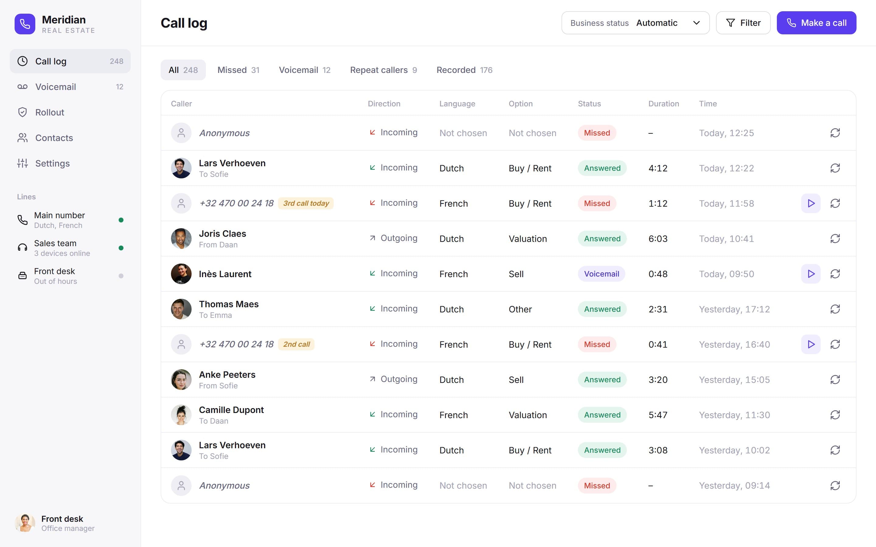 Call log with repeat caller badges, statuses and play and call-back actions