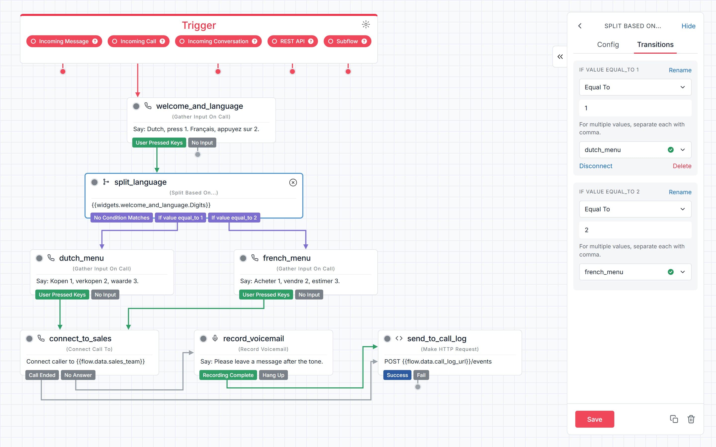 Voice platform flow builder with a language split, menus, connect, voicemail and HTTP request steps