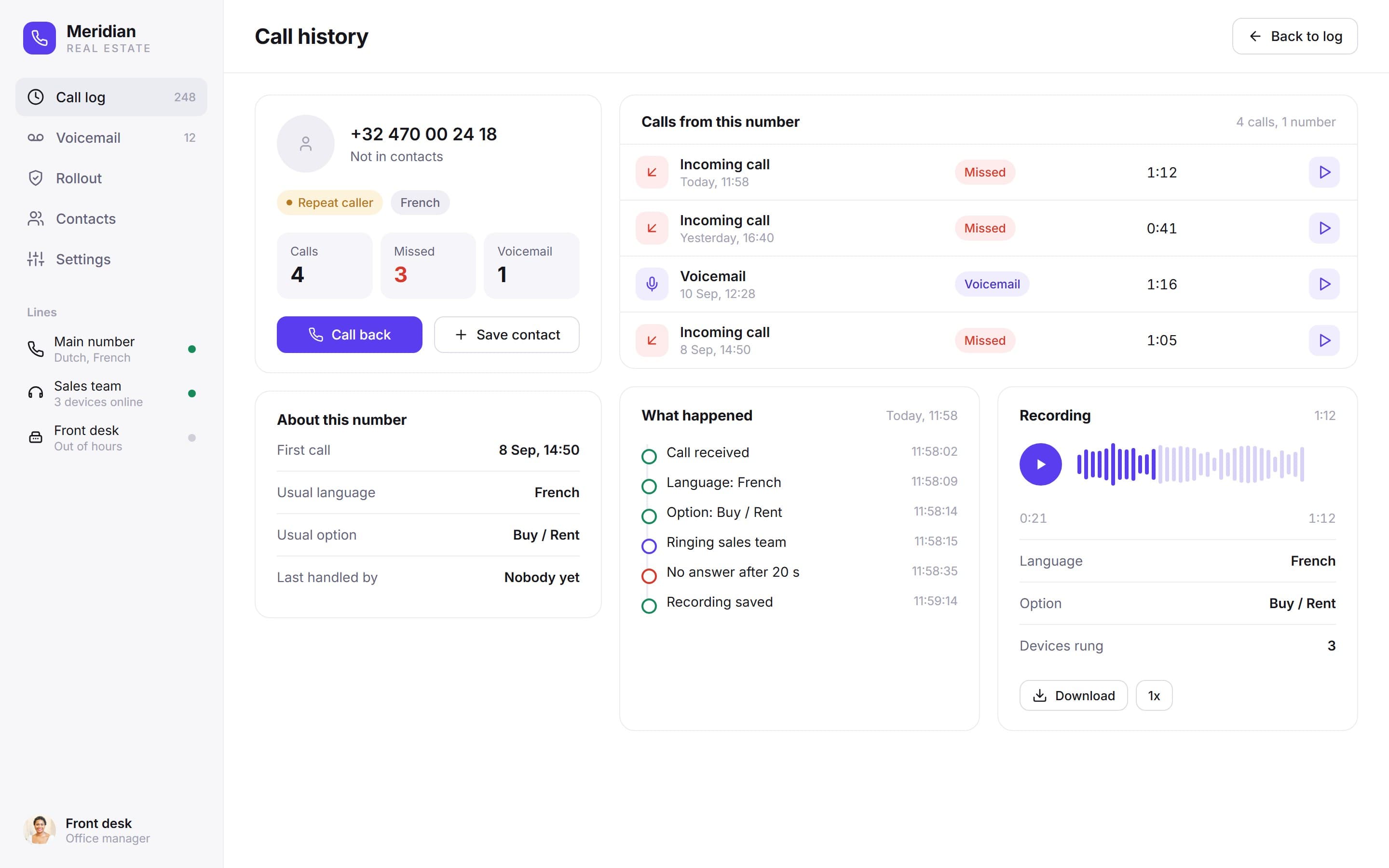 Caller history with calls, an event timeline and a recording player
