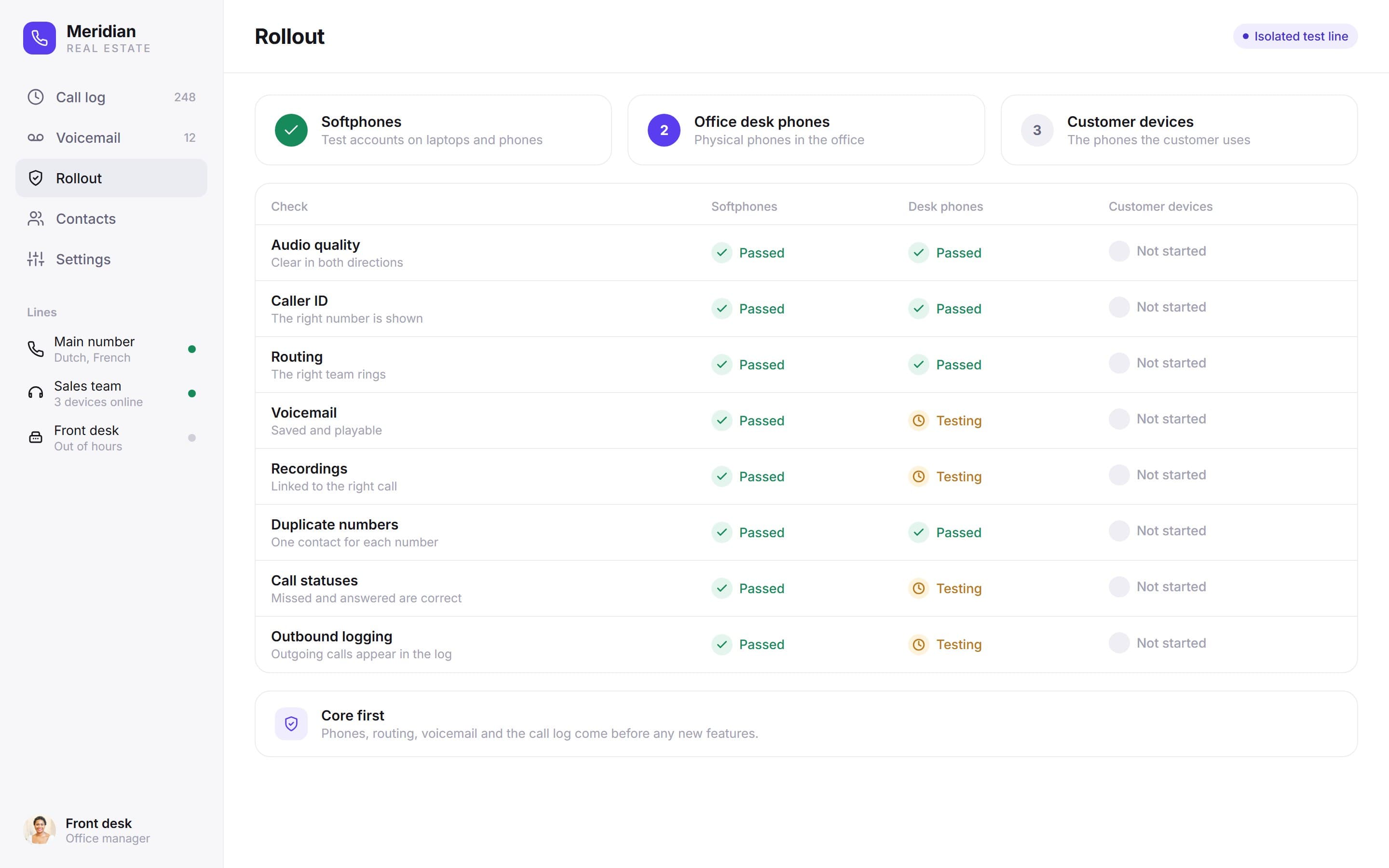 Rollout checks table across softphones, desk phones and customer devices