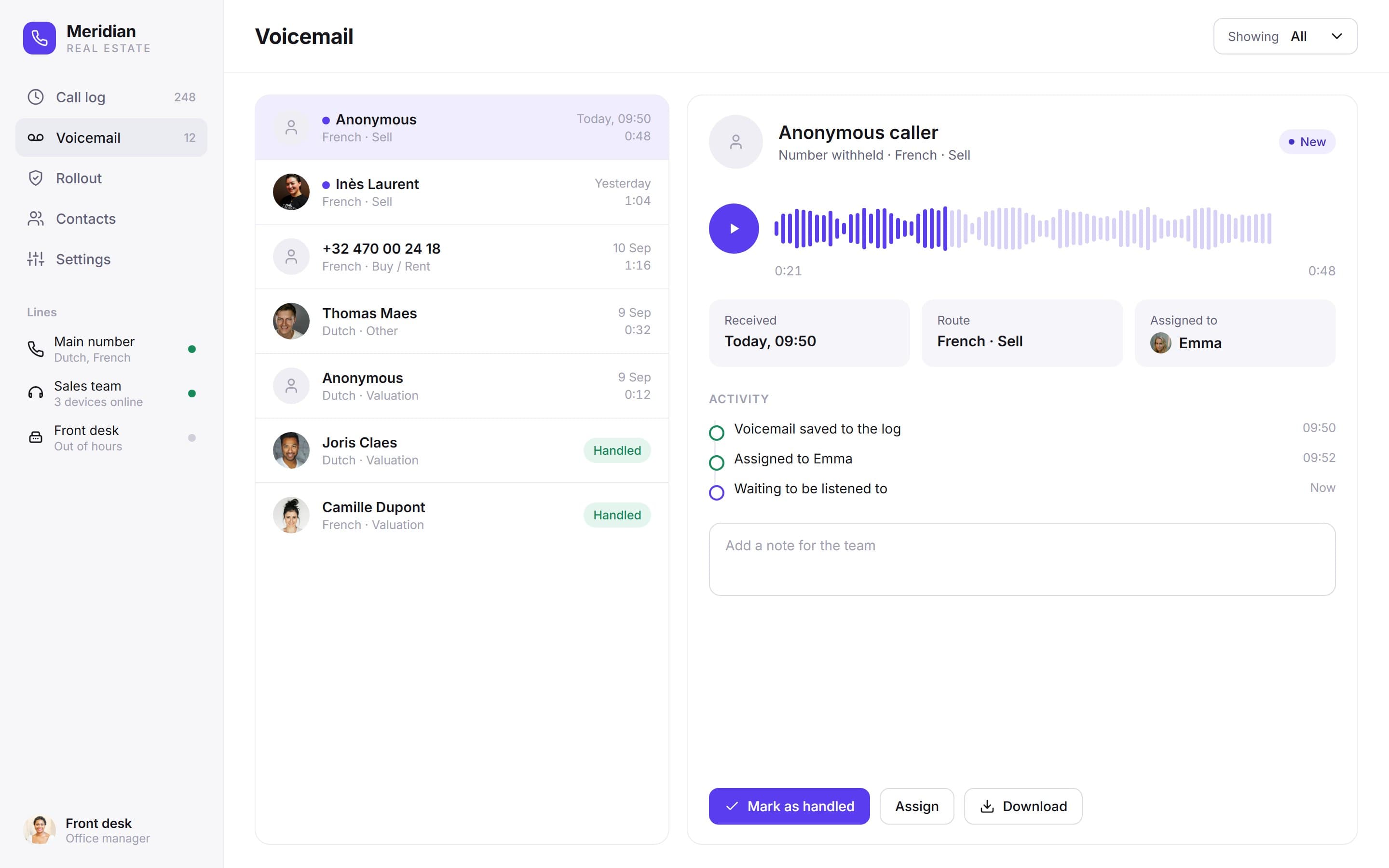 Voicemail inbox with an anonymous message open, a player, assignment and activity