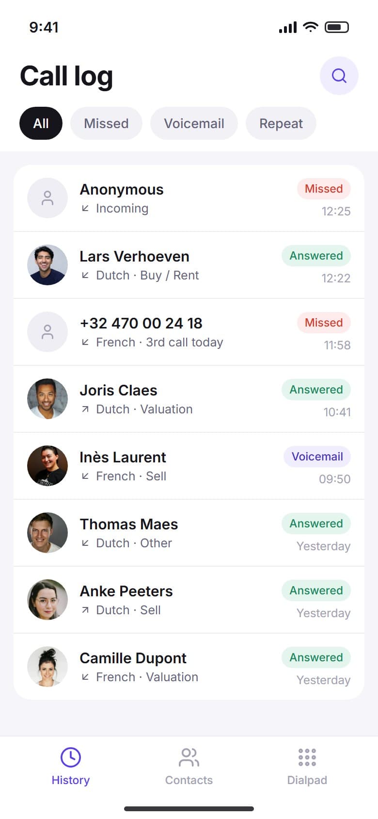 Phone call log with status chips