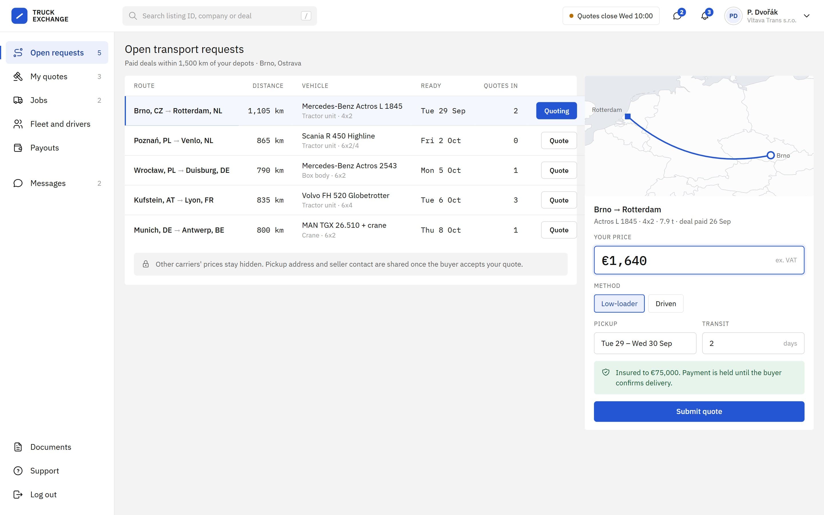Carrier quoting a route from Brno to Rotterdam on a paid deal