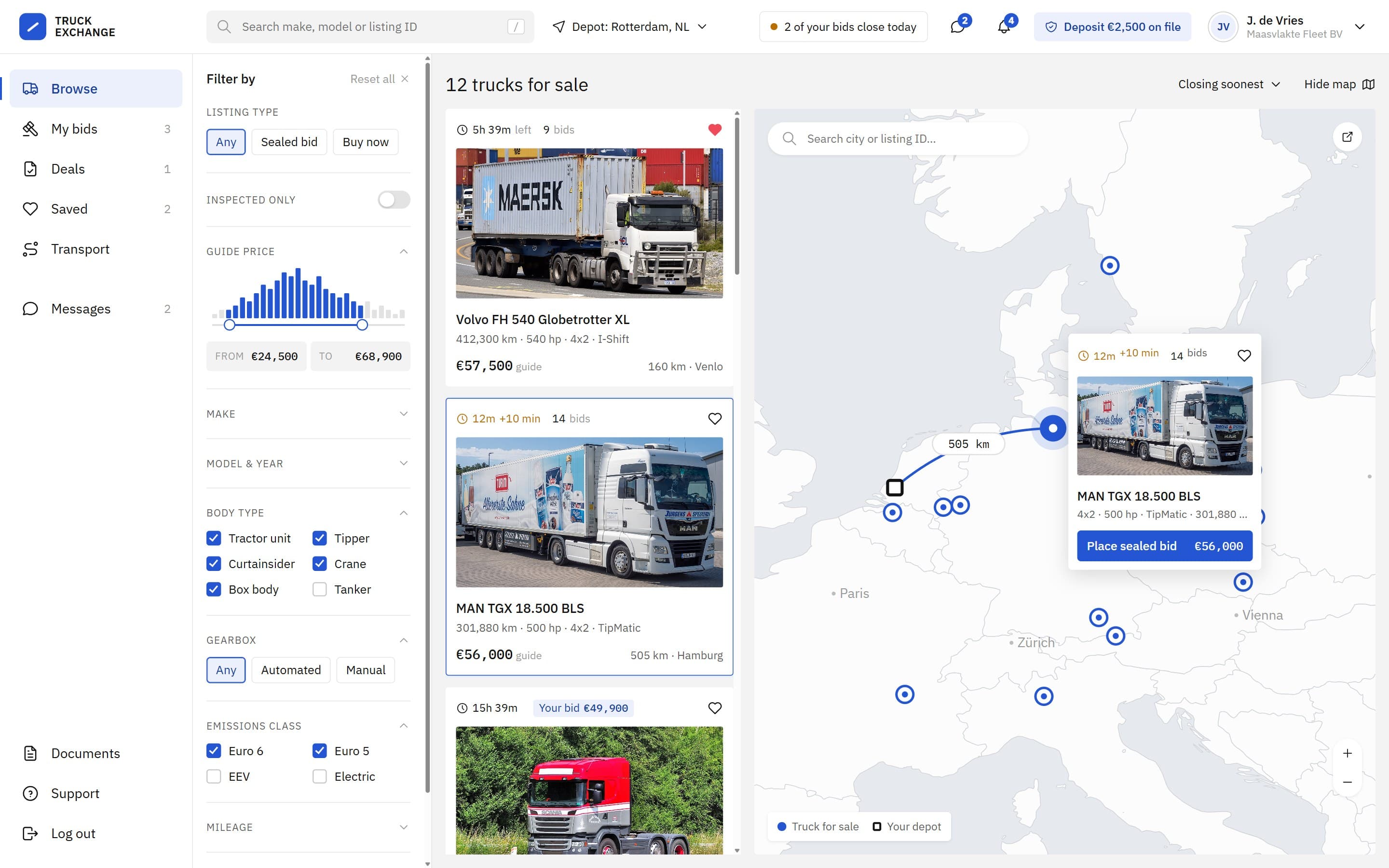 Map view with each truck's road distance to the buyer's depot