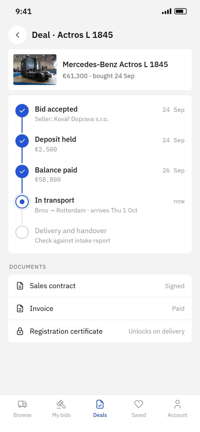 Deal stages from accepted bid to delivery, with documents unlocking