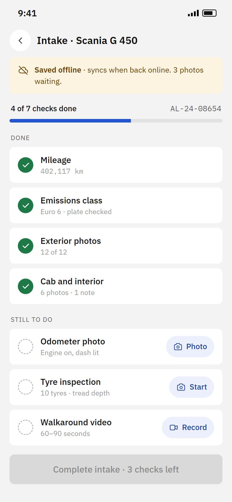 Technician intake checklist saved offline