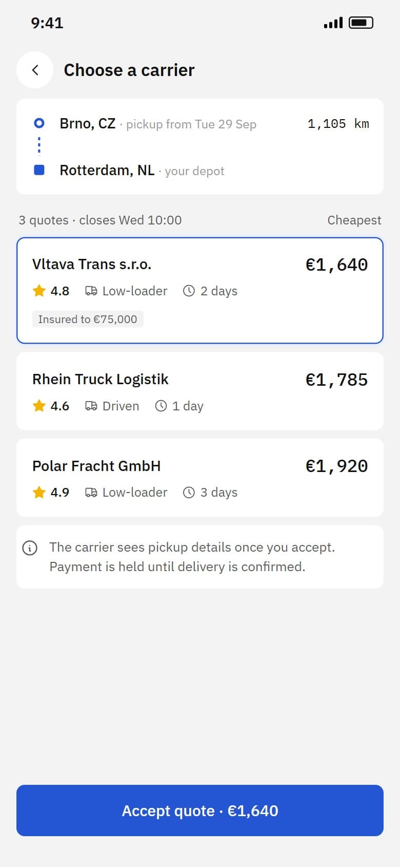 Buyer choosing between carrier quotes for the transport leg