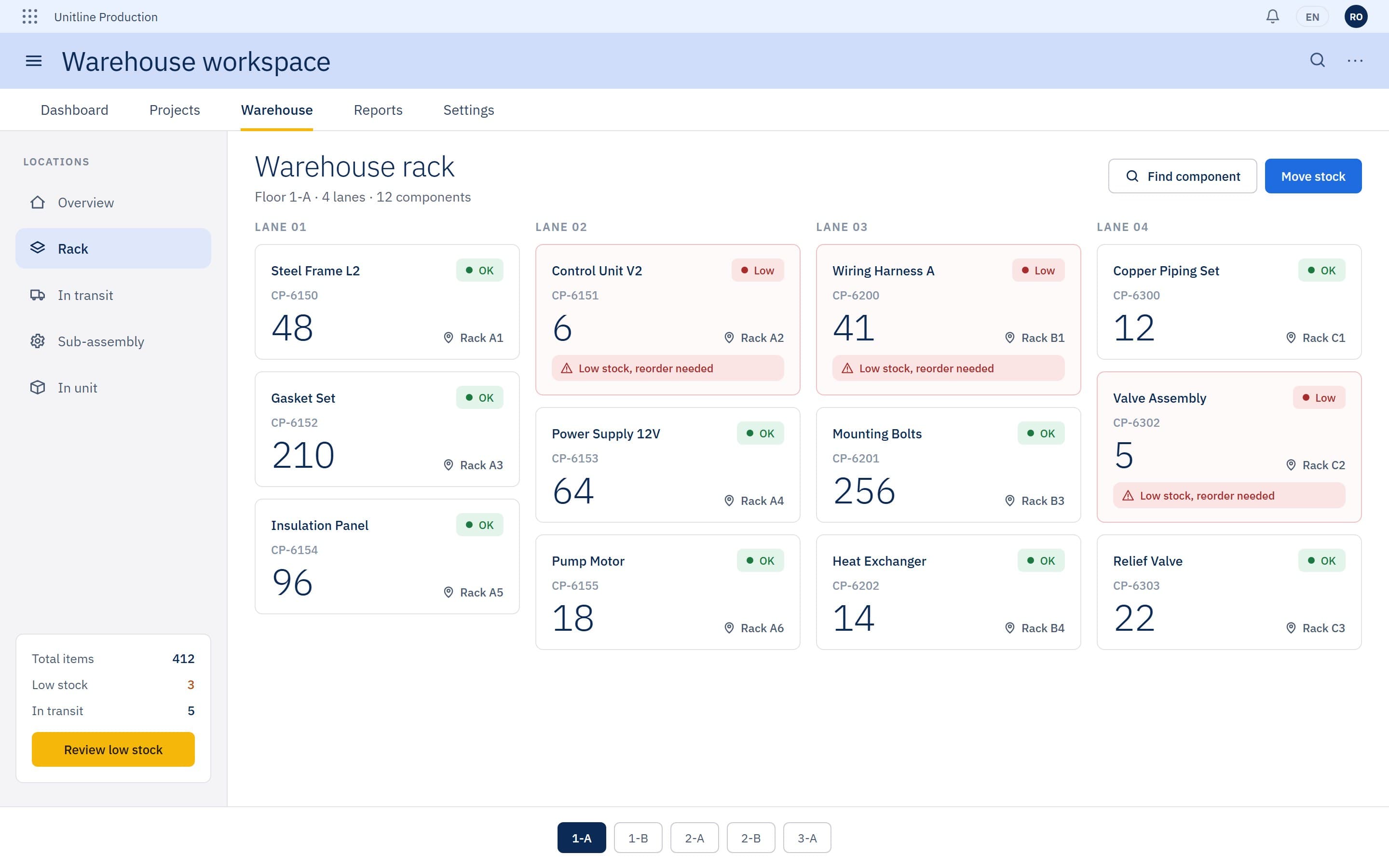 Warehouse rack lanes with components, quantities and low-stock banners