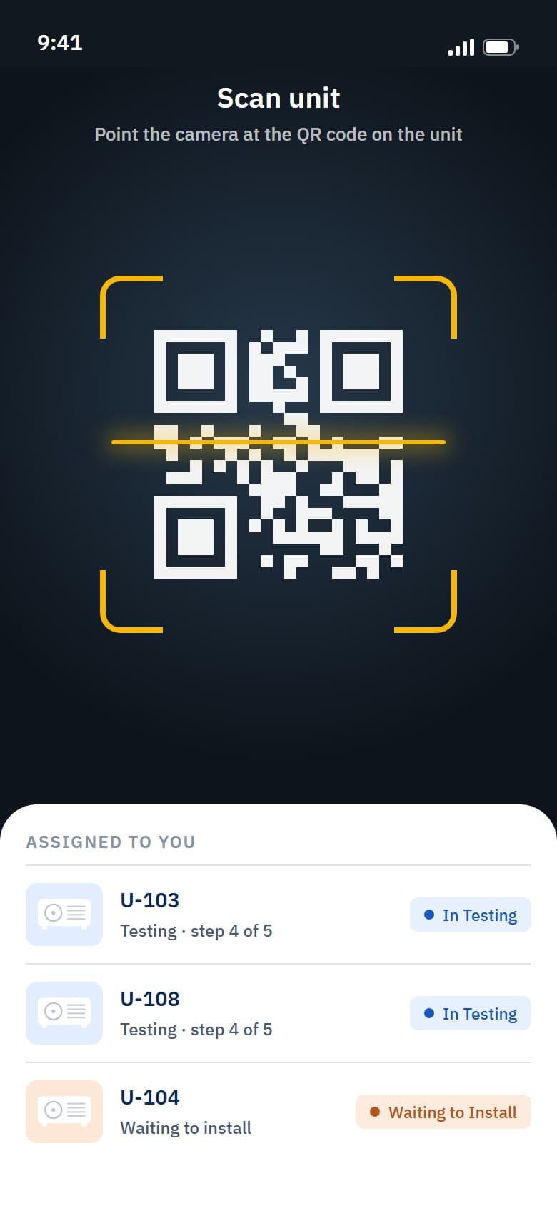 QR scanner on a phone with the units assigned to the technician