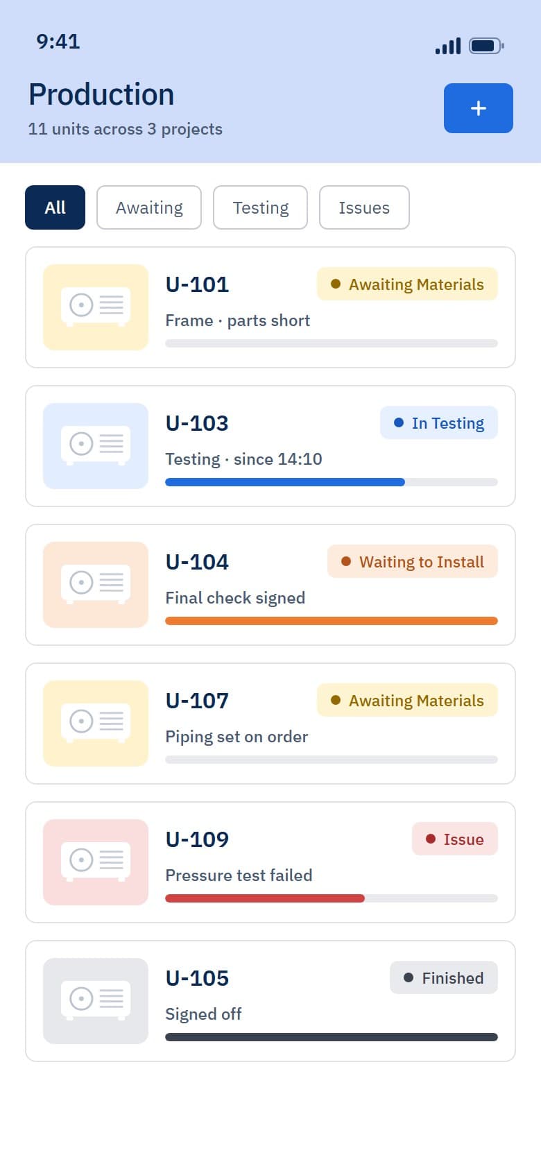 List of units on a phone with state and progress for each